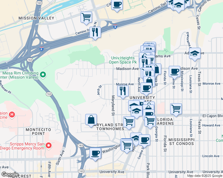map of restaurants, bars, coffee shops, grocery stores, and more near 4472 Maryland Street in San Diego