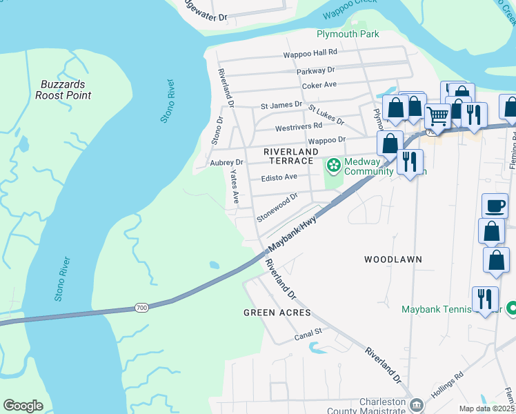 map of restaurants, bars, coffee shops, grocery stores, and more near 310 Riverland Drive in Charleston