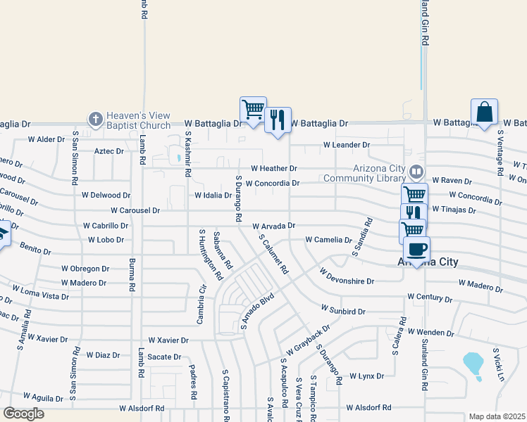 map of restaurants, bars, coffee shops, grocery stores, and more near 10540 West Carousel Drive in Arizona City