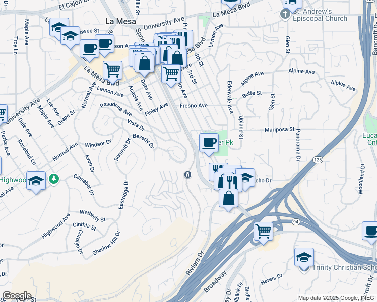 map of restaurants, bars, coffee shops, grocery stores, and more near 4430 Date Avenue in La Mesa