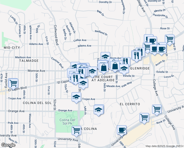 map of restaurants, bars, coffee shops, grocery stores, and more near 5480 El Cajon Boulevard in San Diego