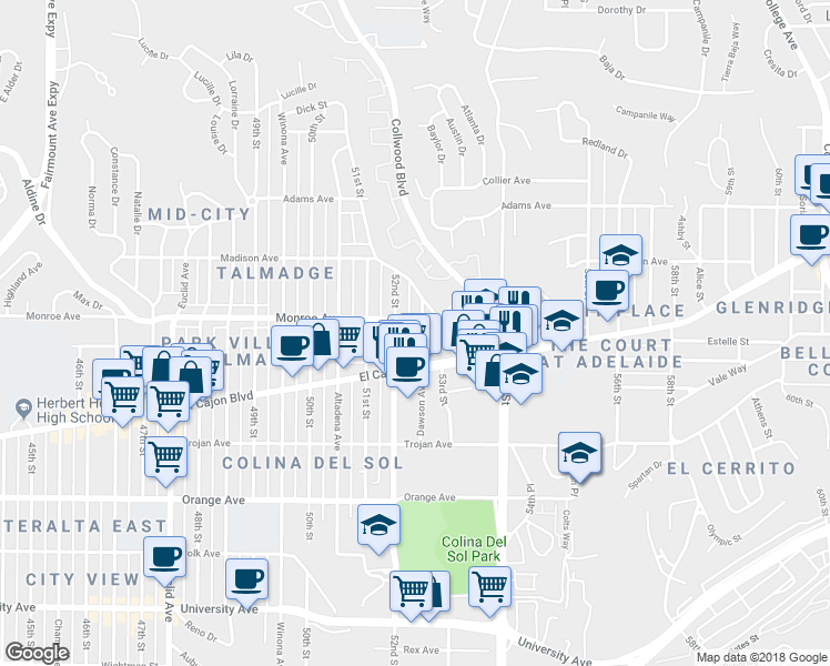 map of restaurants, bars, coffee shops, grocery stores, and more near 4463 Dawson Avenue in San Diego