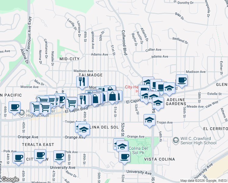 map of restaurants, bars, coffee shops, grocery stores, and more near 4469 Altadena Avenue in San Diego