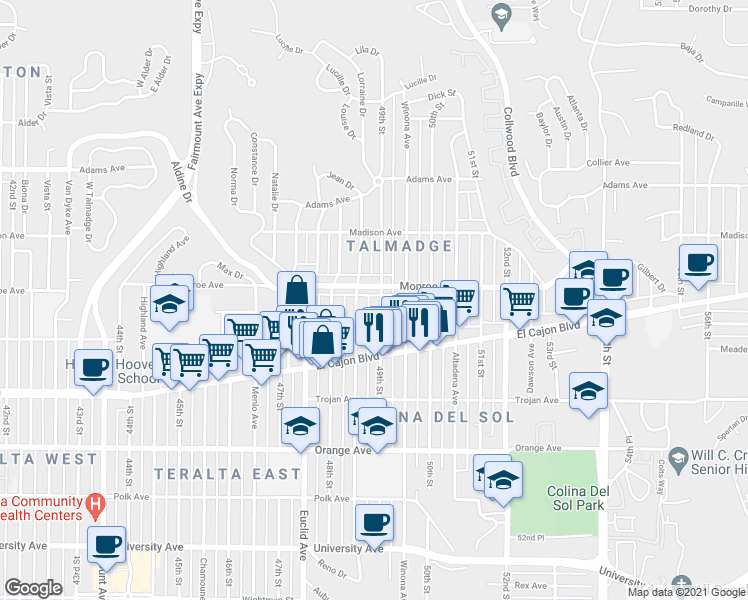 map of restaurants, bars, coffee shops, grocery stores, and more near 4488 Estrella Avenue in San Diego