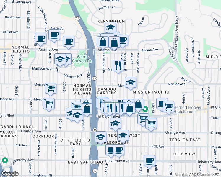 map of restaurants, bars, coffee shops, grocery stores, and more near 4476 Marlborough Avenue in San Diego