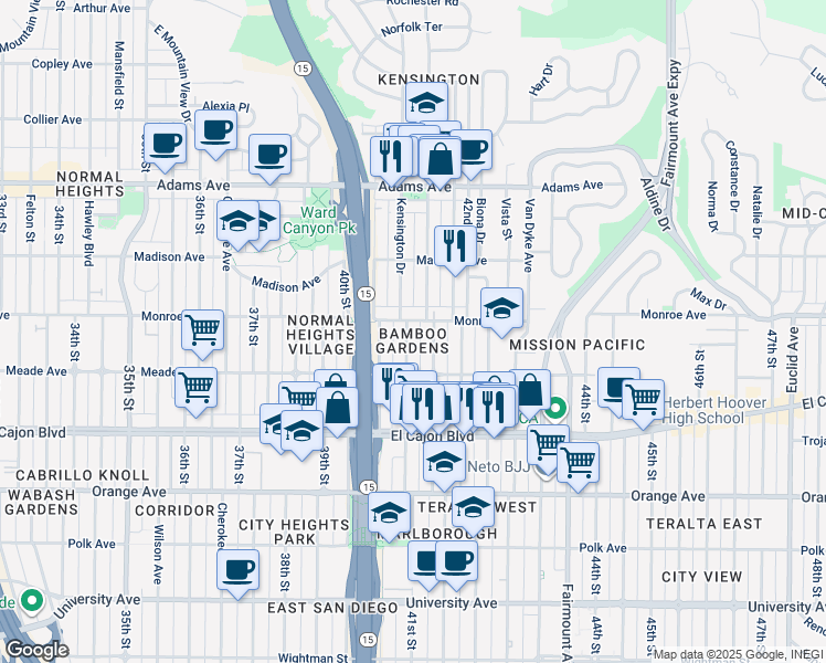 map of restaurants, bars, coffee shops, grocery stores, and more near 4476 Marlborough Avenue in San Diego