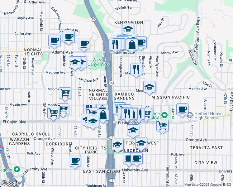 map of restaurants, bars, coffee shops, grocery stores, and more near 4471 Central Avenue in San Diego