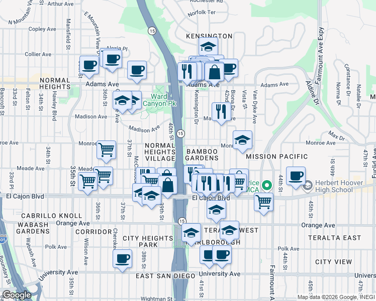 map of restaurants, bars, coffee shops, grocery stores, and more near 4471 Central Avenue in San Diego