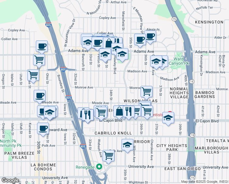 map of restaurants, bars, coffee shops, grocery stores, and more near 4472 34th Street in San Diego