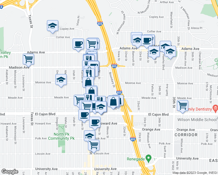 map of restaurants, bars, coffee shops, grocery stores, and more near 4457 Illinois Street in San Diego