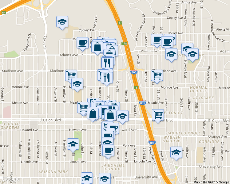 map of restaurants, bars, coffee shops, grocery stores, and more near 4459 Ohio Street in San Diego
