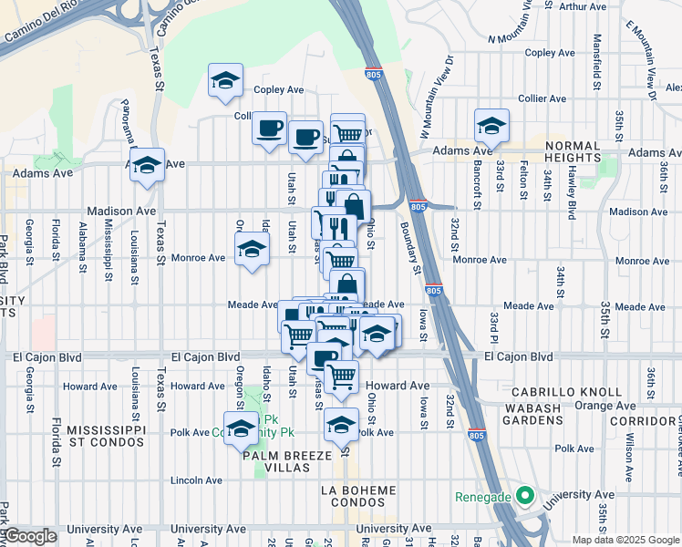 map of restaurants, bars, coffee shops, grocery stores, and more near 4464 30th Street in San Diego