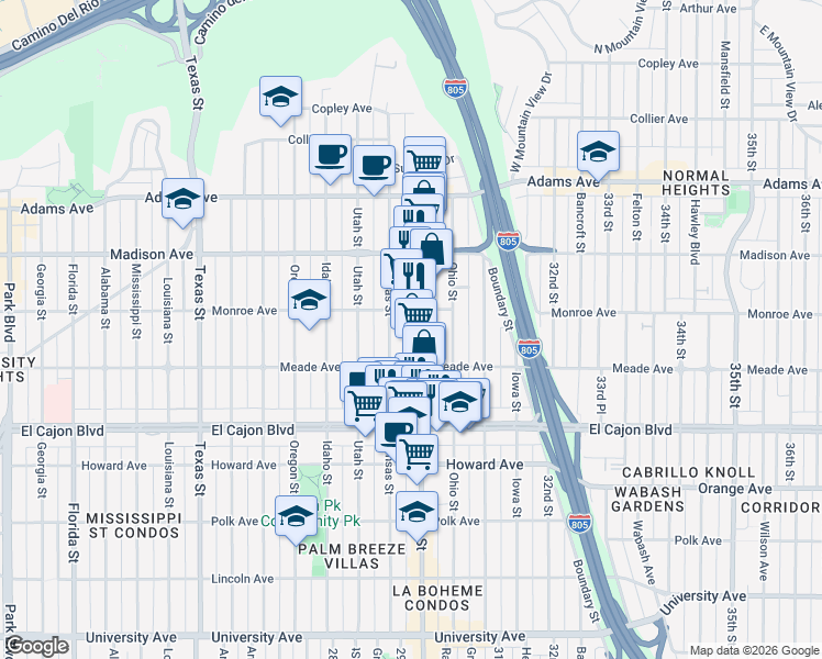 map of restaurants, bars, coffee shops, grocery stores, and more near 4464 30th Street in San Diego