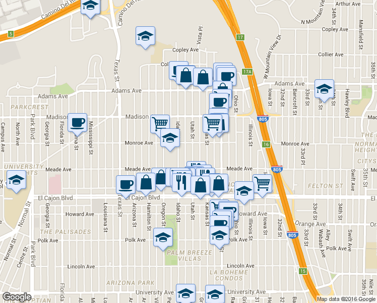 map of restaurants, bars, coffee shops, grocery stores, and more near 4465 Idaho Street in San Diego