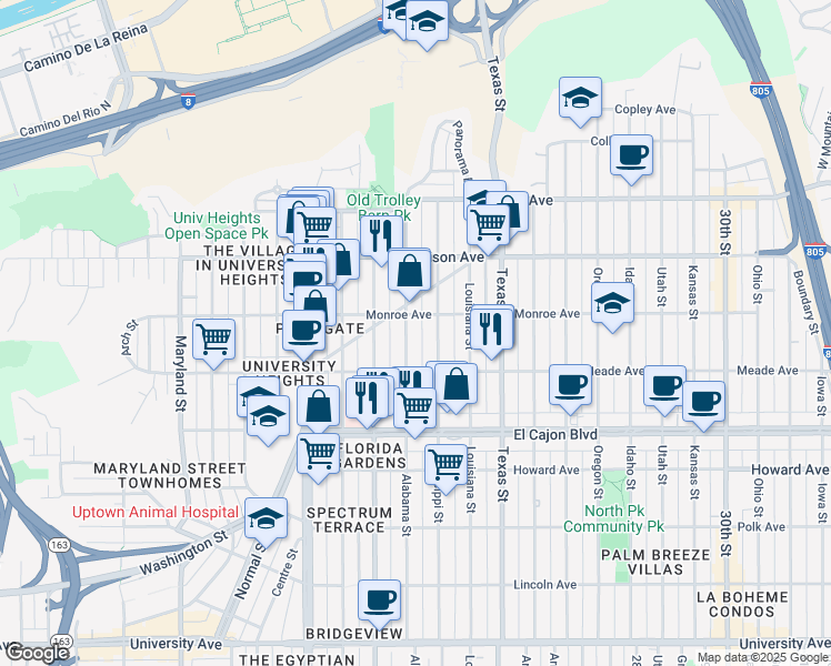 map of restaurants, bars, coffee shops, grocery stores, and more near 4468 Alabama Street in San Diego