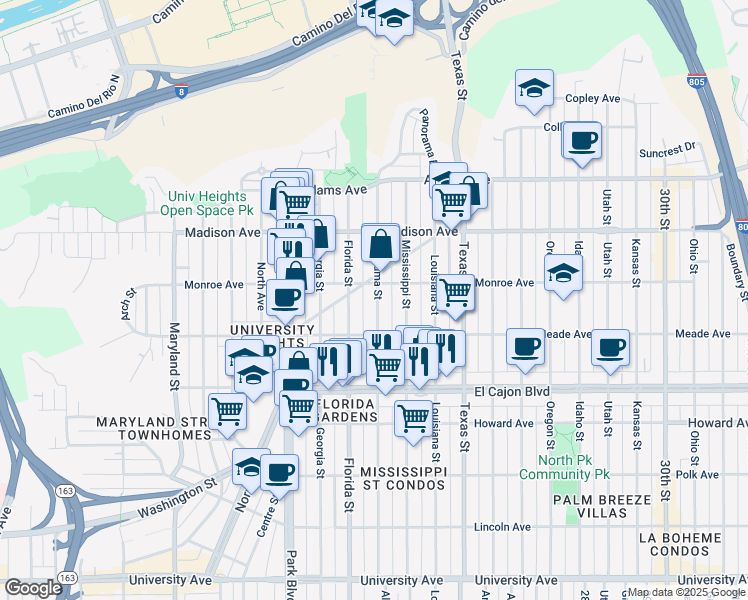 map of restaurants, bars, coffee shops, grocery stores, and more near 4468 Alabama Street in San Diego