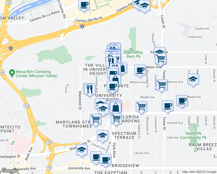 map of restaurants, bars, coffee shops, grocery stores, and more near 4469 North Avenue in San Diego