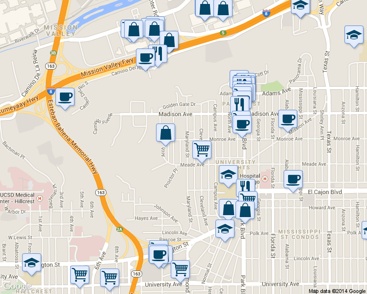 map of restaurants, bars, coffee shops, grocery stores, and more near 4472 Maryland Street in San Diego