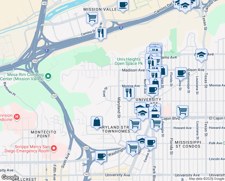 map of restaurants, bars, coffee shops, grocery stores, and more near 4472 Maryland Street in San Diego
