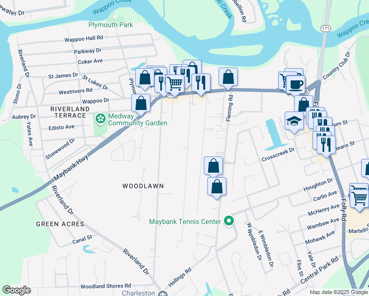 map of restaurants, bars, coffee shops, grocery stores, and more near 274D Stefan Drive in Charleston