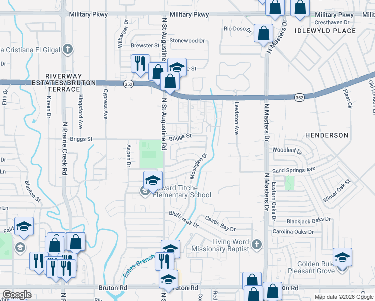 map of restaurants, bars, coffee shops, grocery stores, and more near 2734 Groveridge Drive in Dallas