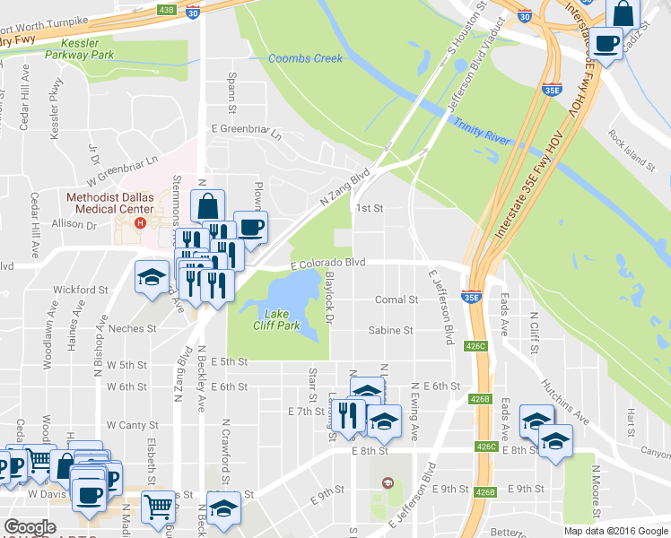 map of restaurants, bars, coffee shops, grocery stores, and more near 835 North Marsalis Avenue in Dallas
