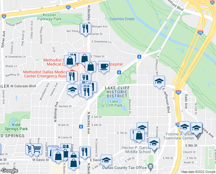 map of restaurants, bars, coffee shops, grocery stores, and more near 329 East Colorado Boulevard in Dallas