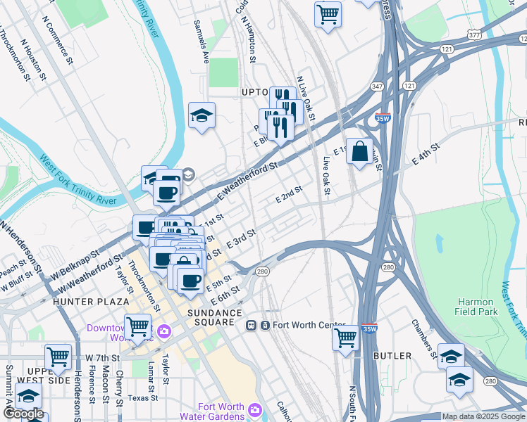 map of restaurants, bars, coffee shops, grocery stores, and more near 303 Crump Street in Fort Worth