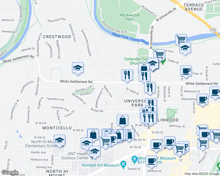 map of restaurants, bars, coffee shops, grocery stores, and more near 104 Boland Street in Fort Worth