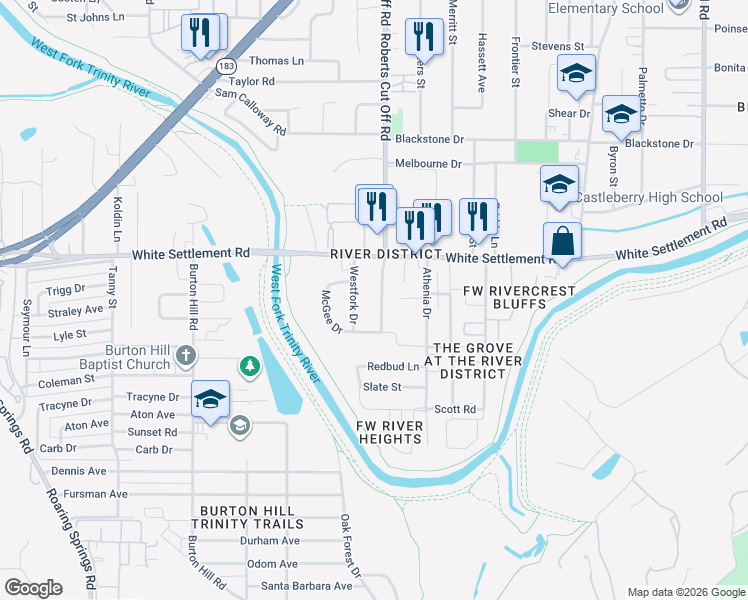 map of restaurants, bars, coffee shops, grocery stores, and more near 201 Westfork Drive in Fort Worth