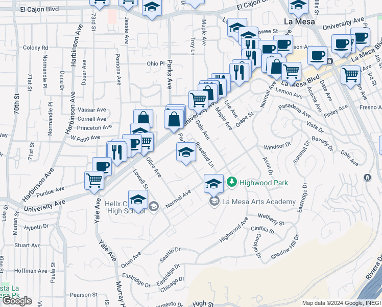 map of restaurants, bars, coffee shops, grocery stores, and more near 4417 Parks Avenue in La Mesa