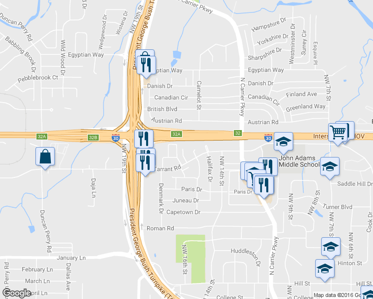 map of restaurants, bars, coffee shops, grocery stores, and more near 1414 Acapulco Court in Grand Prairie