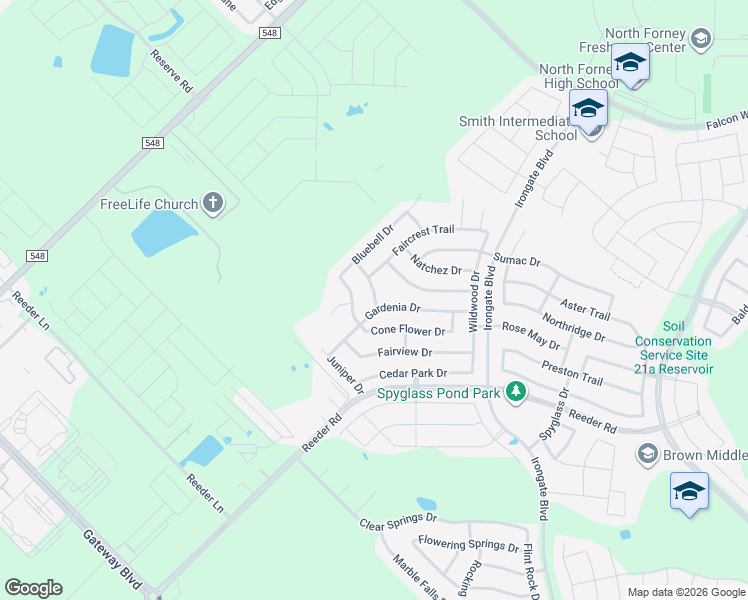 map of restaurants, bars, coffee shops, grocery stores, and more near 2102 Fresia Lane in Forney