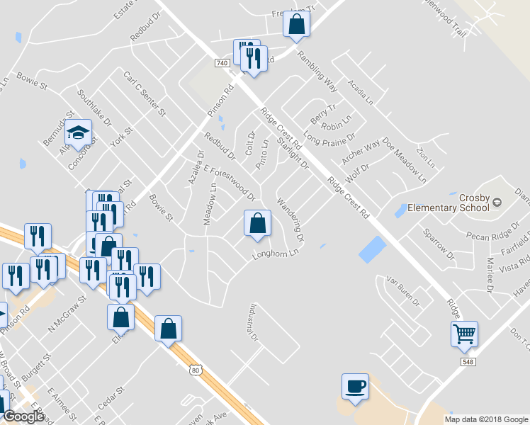 map of restaurants, bars, coffee shops, grocery stores, and more near 125 Redbud Drive in Forney