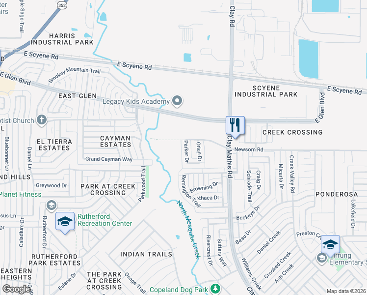 map of restaurants, bars, coffee shops, grocery stores, and more near 813 Parker Drive in Mesquite