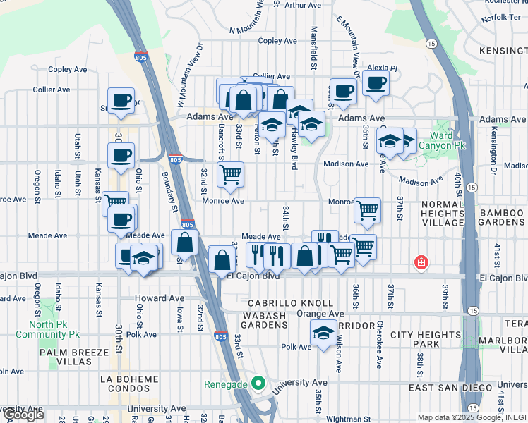 map of restaurants, bars, coffee shops, grocery stores, and more near 4466 Felton Street in San Diego