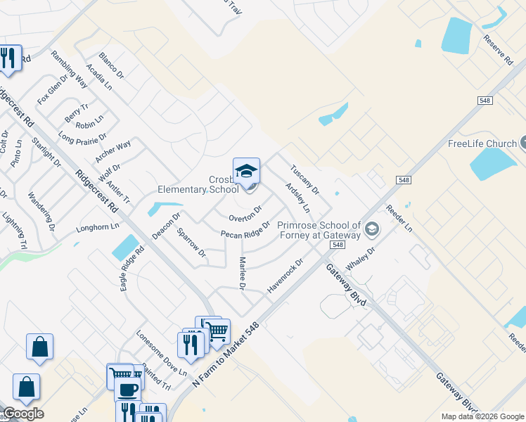 map of restaurants, bars, coffee shops, grocery stores, and more near 2211 Overton Drive in Forney