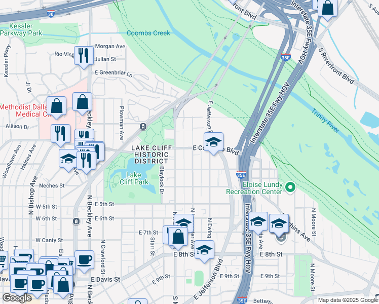 map of restaurants, bars, coffee shops, grocery stores, and more near 831 North Lancaster Avenue in Dallas
