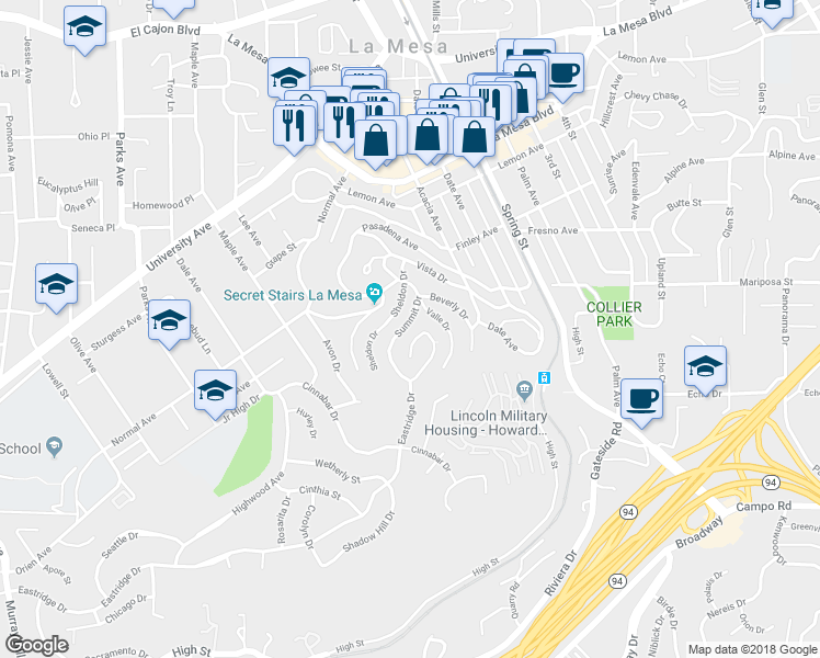 map of restaurants, bars, coffee shops, grocery stores, and more near 4373 Summit Drive in La Mesa