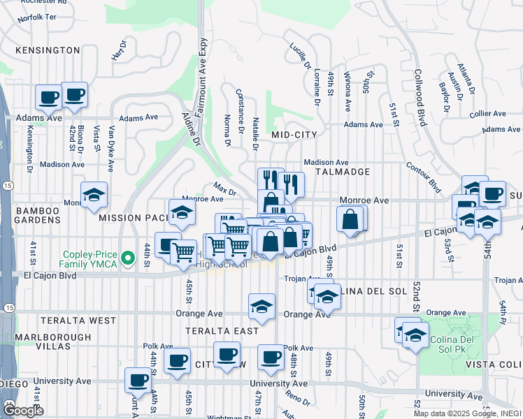 map of restaurants, bars, coffee shops, grocery stores, and more near 4482 47th Street in San Diego
