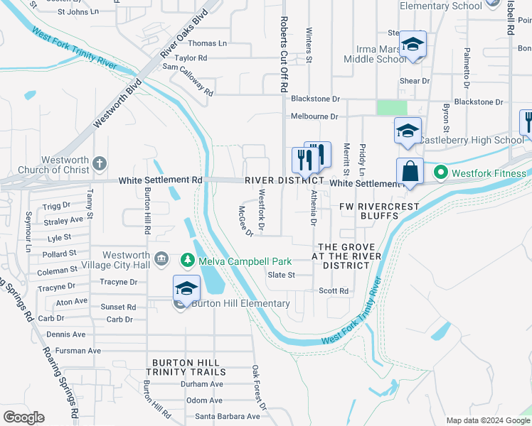 map of restaurants, bars, coffee shops, grocery stores, and more near 201 Westfork Drive in Fort Worth