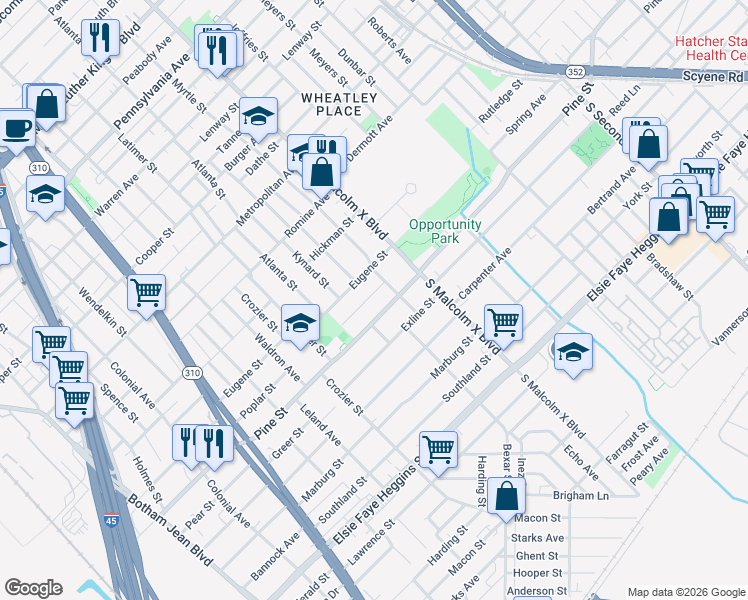 map of restaurants, bars, coffee shops, grocery stores, and more near 2626 Lobdell Street in Dallas