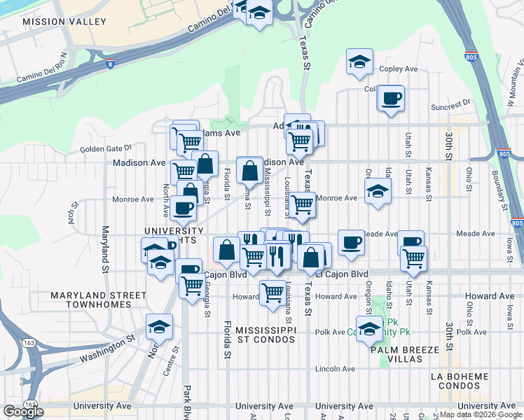map of restaurants, bars, coffee shops, grocery stores, and more near 4468 Mississippi Street in San Diego