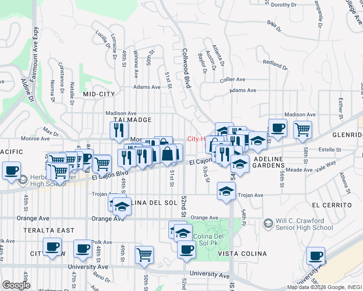 map of restaurants, bars, coffee shops, grocery stores, and more near 4462 52nd Street in San Diego