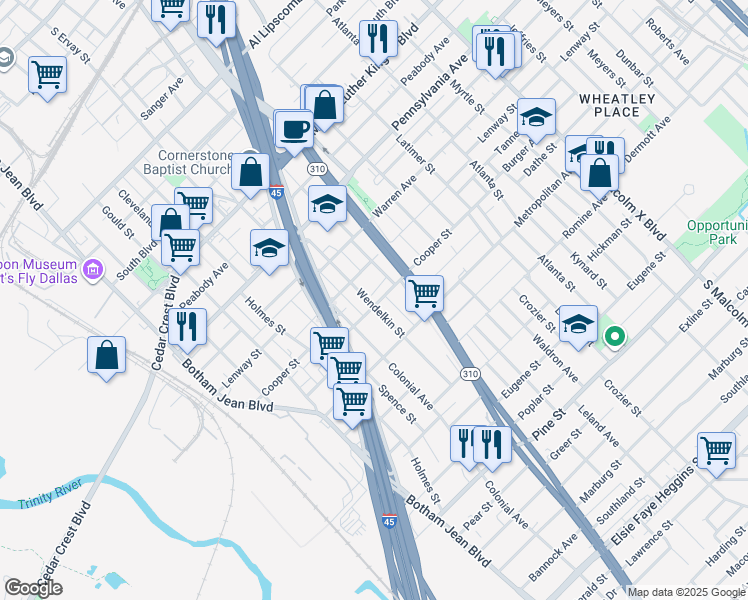 map of restaurants, bars, coffee shops, grocery stores, and more near 3524 Wendelkin Street in Dallas