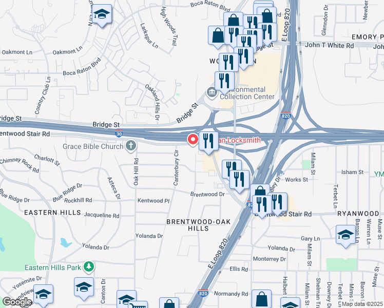 map of restaurants, bars, coffee shops, grocery stores, and more near 1412 Grantland Circle in Fort Worth