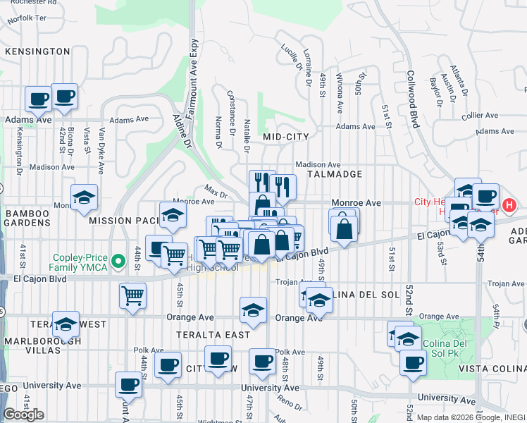map of restaurants, bars, coffee shops, grocery stores, and more near 4488 Euclid Avenue in San Diego