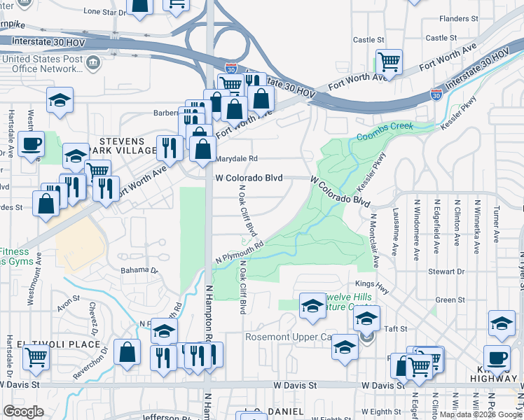 map of restaurants, bars, coffee shops, grocery stores, and more near 1925 Mayflower Drive in Dallas