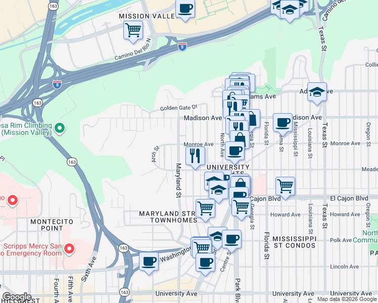 map of restaurants, bars, coffee shops, grocery stores, and more near 4459 Cleveland Avenue in San Diego