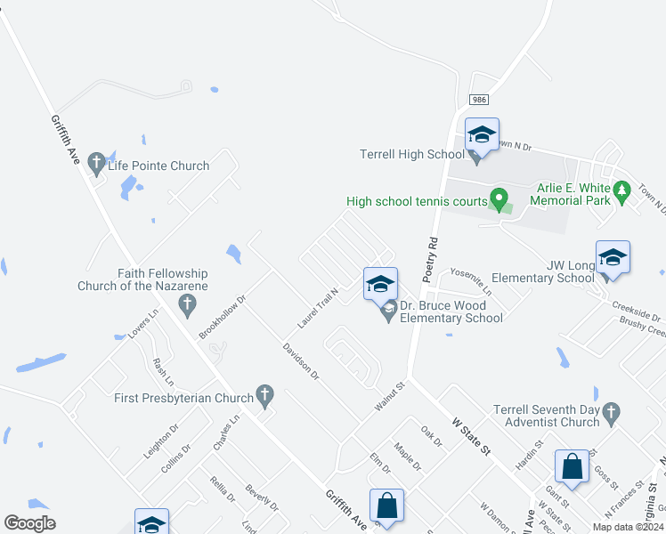 map of restaurants, bars, coffee shops, grocery stores, and more near 1008 Ross Street in Terrell